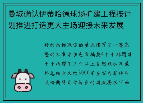 曼城确认伊蒂哈德球场扩建工程按计划推进打造更大主场迎接未来发展